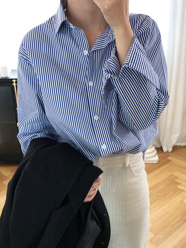 xakxx Urban Loose Striped Lapel Collar Blouses&Shirts Tops