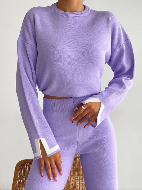 xakxx xakxx-Urban Loose Contrast Color Long Sleeves Round-Neck Sweater Tops & Pants Suits