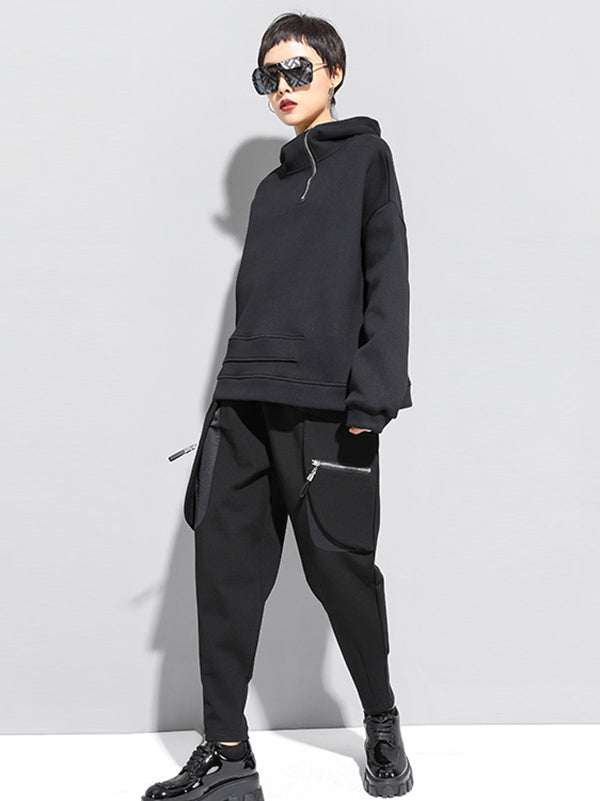 xakxx Stylish Black Asymmetric Zipper Hoodies