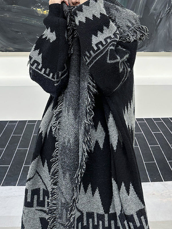 xakxx Long Sleeves Loose Contrast Color Tasseled Lapel Cardigan Coats
