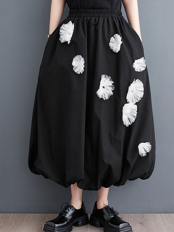 xakxx Loose Flower-Embellished Elastics Solid Color Skirts Bottoms