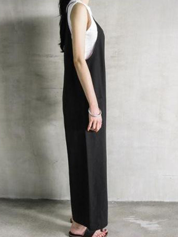 xakxx Black&Khaki Casual Spaghetti-Neck Loose Wide-Leg Overalls