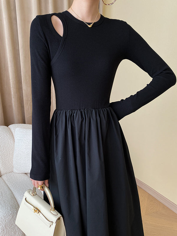 xakxx A-Line Long Sleeves Elasticity Hollow Solid Color Split-Joint Round-Neck Midi Dresses