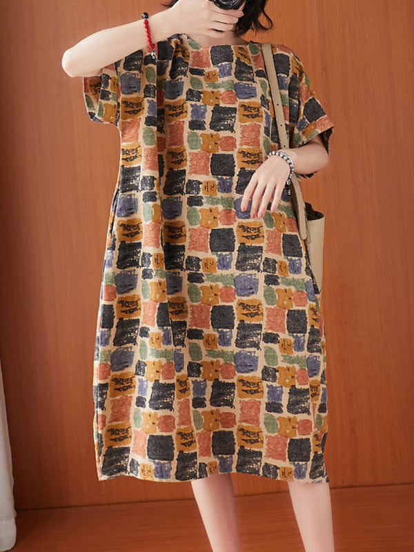 xakxx Artistic Retro Colorful Plaid Short Sleeve Dress