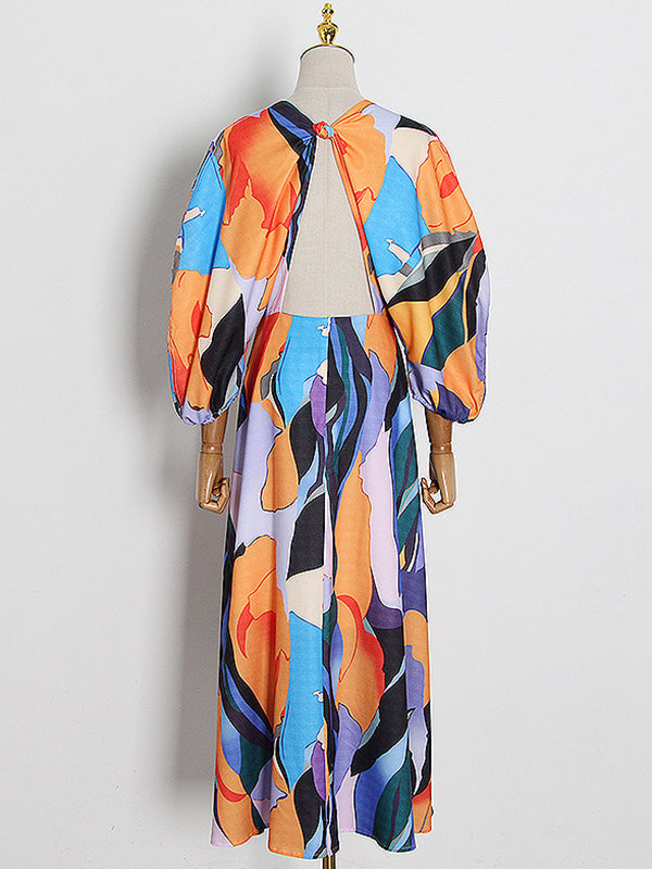 xakxx Original Puff Sleeves Loose Contrast Color Printed Deep V-Neck Maxi Dresses