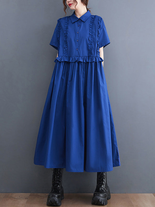 xakxx Simple Short Sleeves Loose Buttoned Falbala Split-Joint Solid Color Midi Shirt Dress