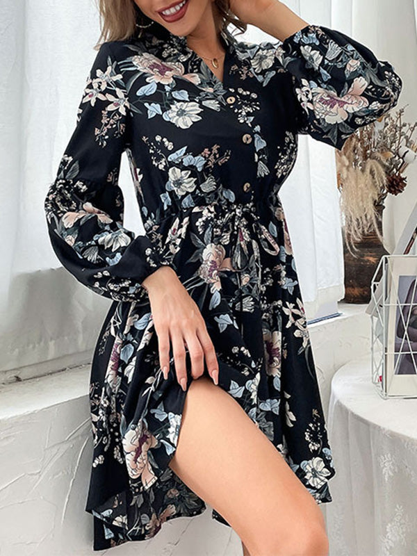 xakxx A-Line High Waisted Buttoned Drawstring Elasticity Flower Print V-Neck Mini Dresses