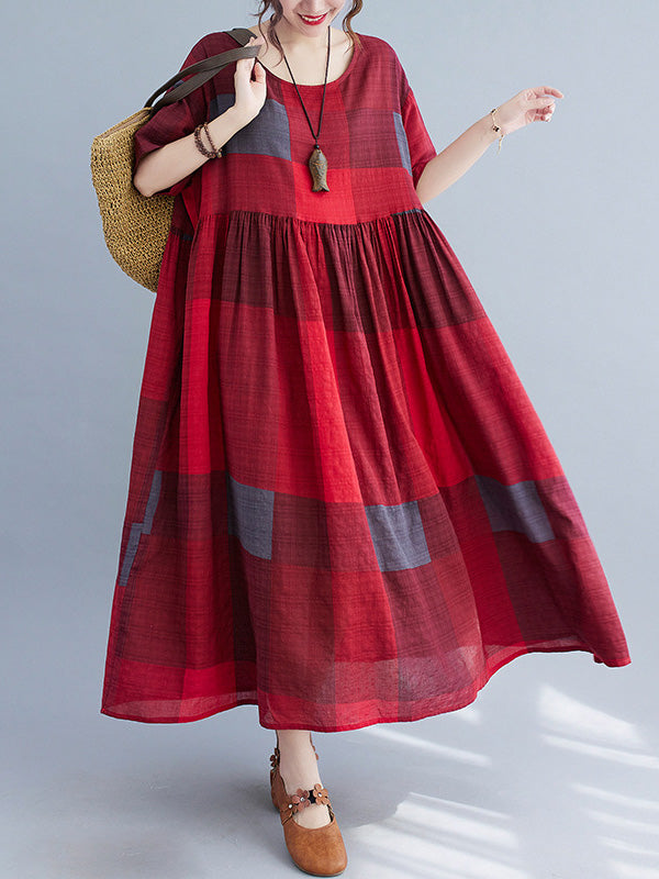 xakxx Artistic Retro Loose Color-Block Pleated Round-Neck Half Sleeves Midi Dress
