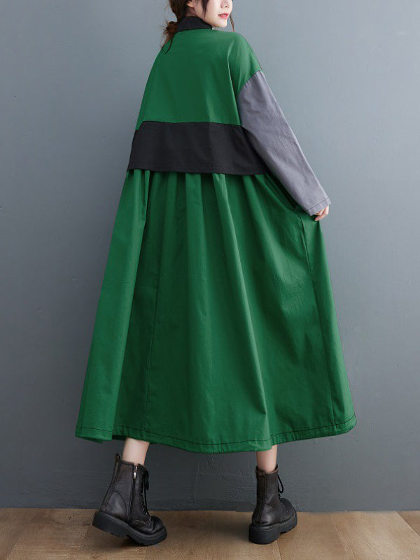 xakxx Vintage Loose Long Sleeves Contrast Color Polo Midi Dresses