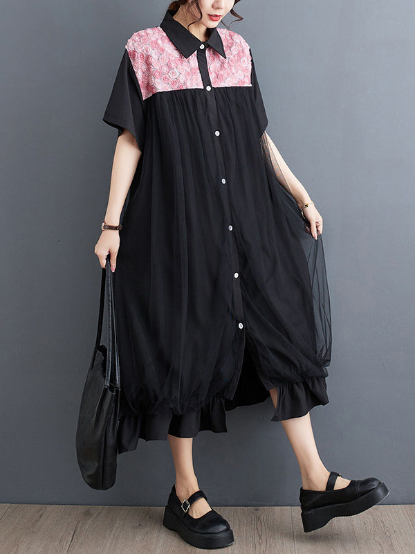 xakxx Loose Short Sleeves Falbala Printed Split-Joint Lapel Midi Dresses