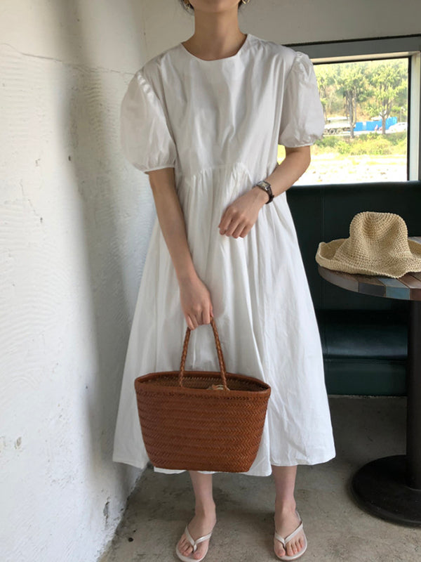 xakxx Original Loose Solid Color Pleated Puff Sleeves Midi Dress