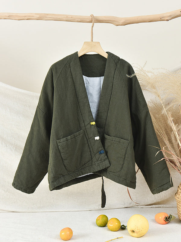 xakxx Vintage Loose Long Sleeves Keep Warm V-Neck Padded Coat