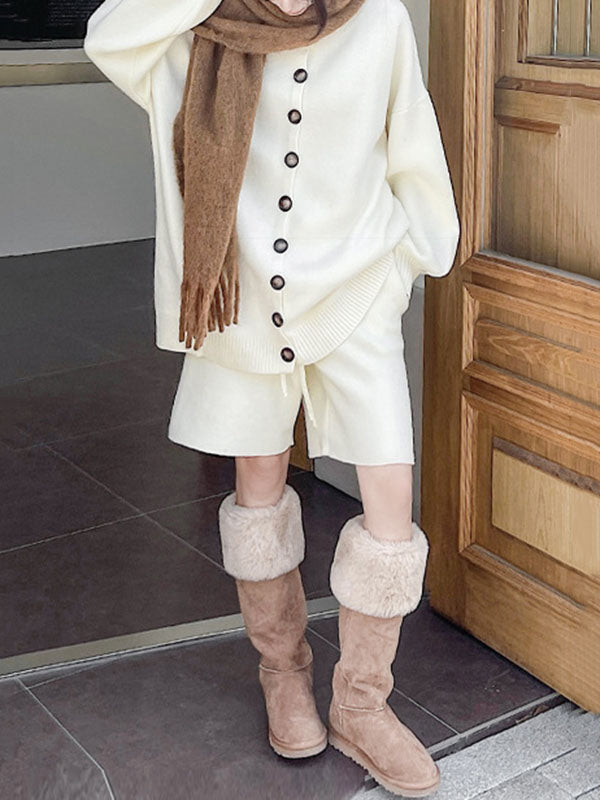 xakxx Long Sleeves Loose Buttoned Round-Neck Sweater Top + Drawstring Shorts Bottom Two Pieces Set