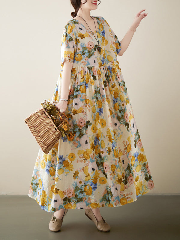 xakxx A-Line Loose Floral Printed Round-Neck Midi Dresses