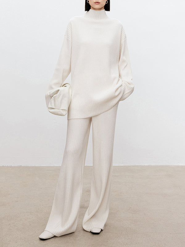 xakxx xakxx-Solid Color Long Sleeves High-Neck Sweater Top + Wide Leg Pants Bottom Two Pieces Set