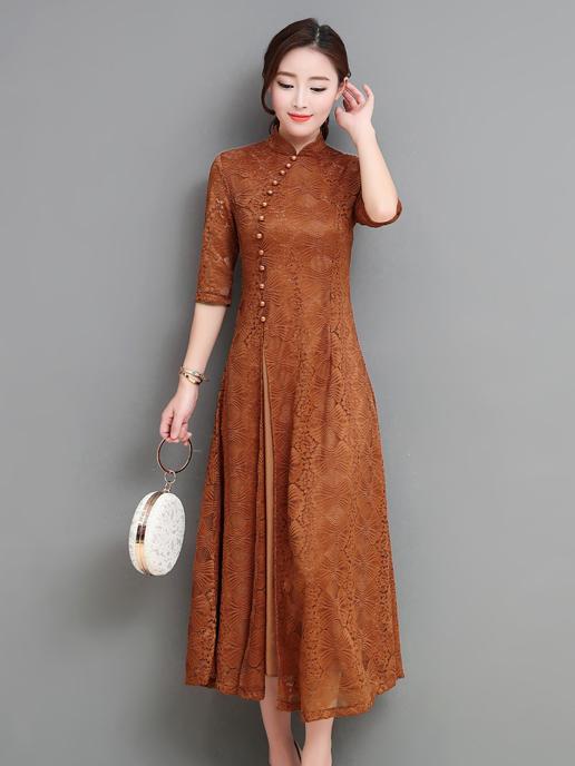 xakxx Gray&Coffee Lace A-line Long Cheongsam Ao Dai