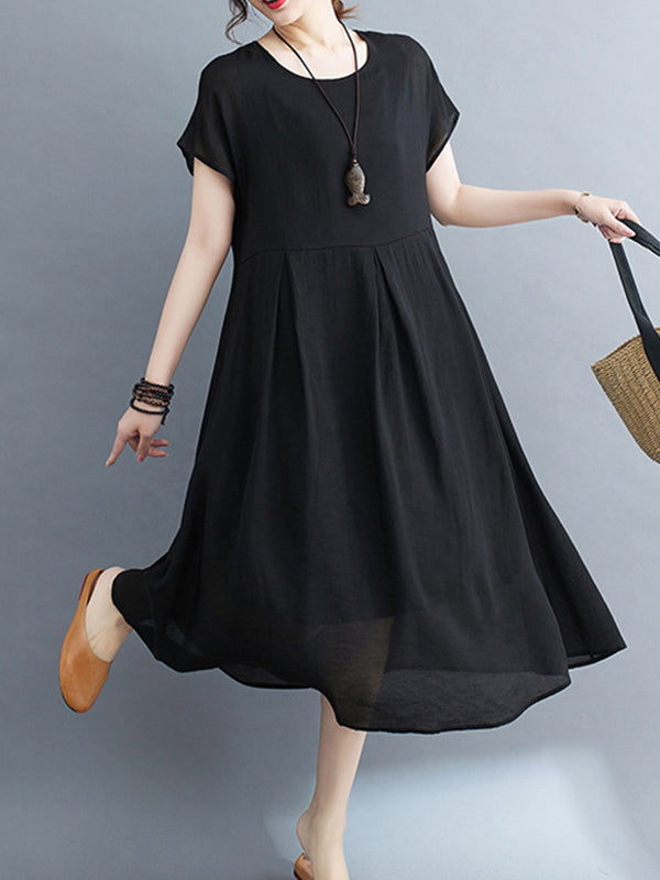 xakxx Loose Short Sleeves Solid Color Split-Joint Round-Neck Midi Dresses