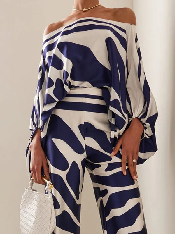 xakxx Printed Off-The-Shoulder Top + Wide Leg Pants Two Pieces Set