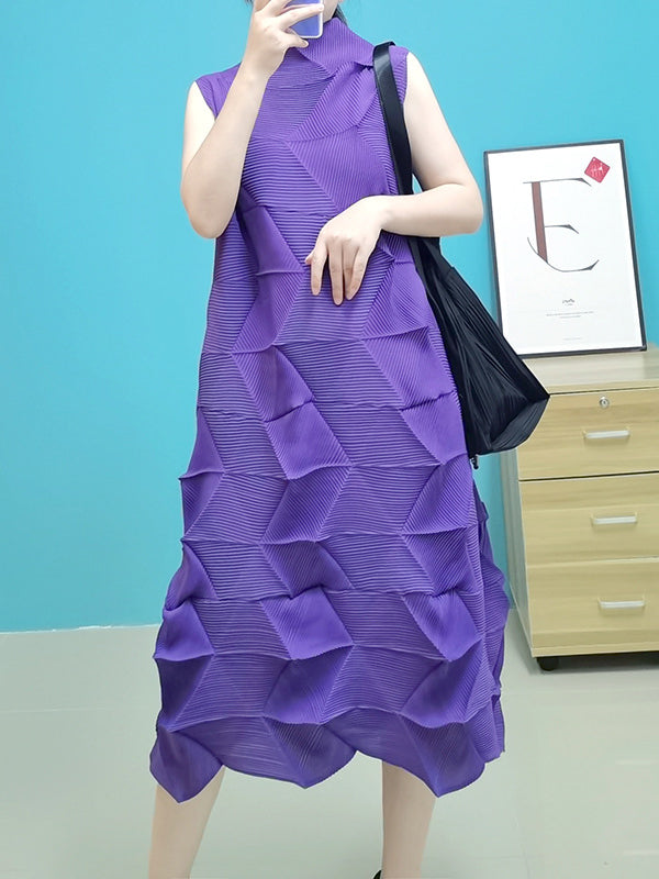 xakxx Casual Sleeveless Irregularity Pleated Solid Color Stand Collar Midi Dresses