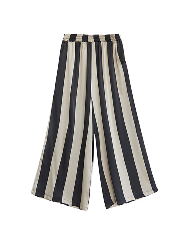 xakxx Irregular Clipping Loose Striped Round-Neck T-Shirt + Wide Leg Pants Two Pieces Set