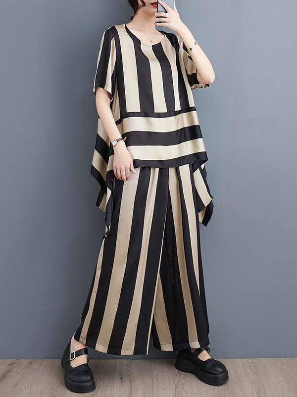 xakxx Irregular Clipping Loose Striped Round-Neck T-Shirt + Wide Leg Pants Two Pieces Set
