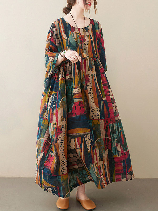 xakxx Vintage Loose Abstract Printed Pleated Round-Neck Half Sleeves Midi Dress
