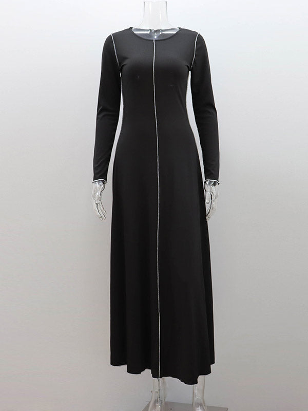 xakxx A-Line Long Sleeves Solid Color Striped Round-Neck Maxi Dresses