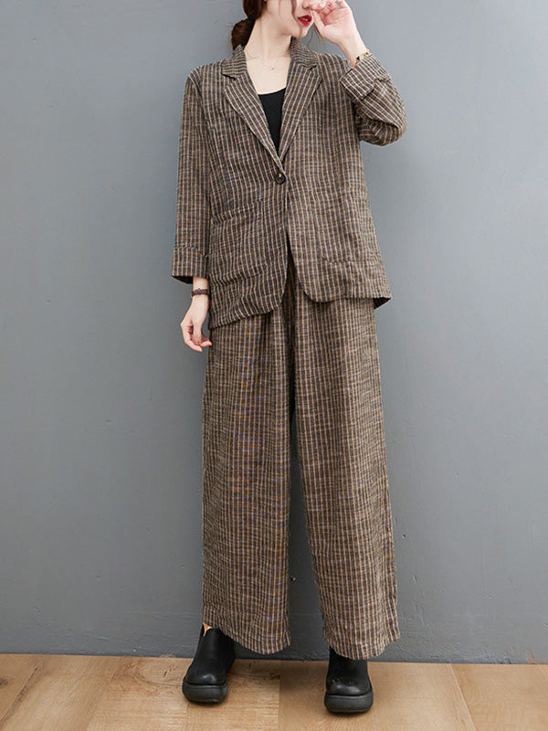 xakxx Vintage Ramie Cotton Notched Collar One Button Suits+Column Pants 2 Pieces Set