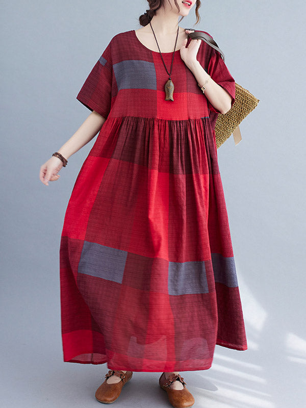 xakxx Artistic Retro Loose Color-Block Pleated Round-Neck Half Sleeves Midi Dress