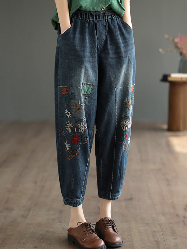xakxx Vintage Loose Embroidered Elasticity Harem Jean Pants Bottoms