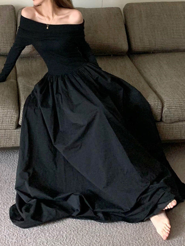 xakxx Long Sleeves Pleated Solid Color Split-Joint Off-The-Shoulder Maxi Dresses