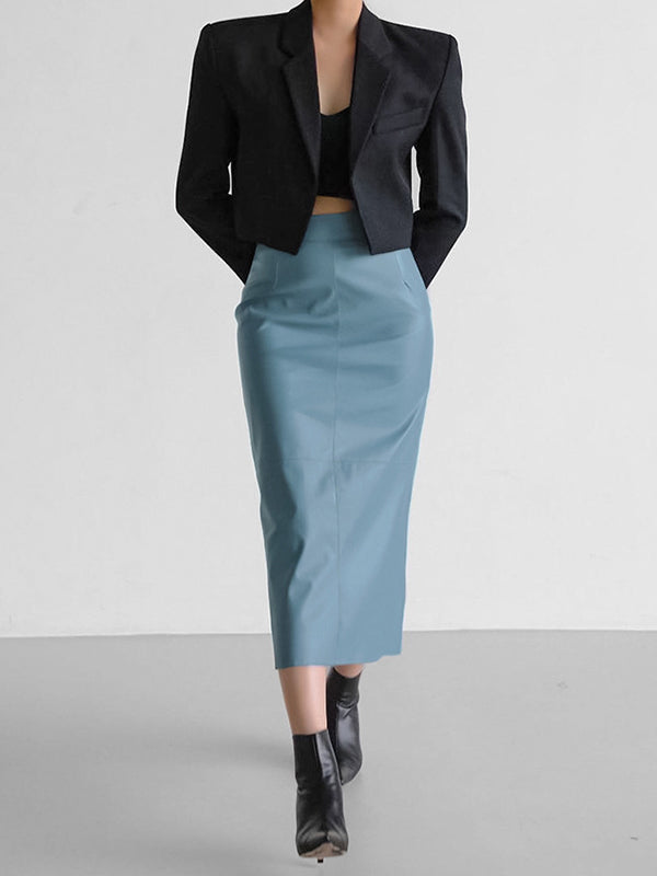 xakxx Skinny Solid Color Split-Back Split-Joint PU Skirts