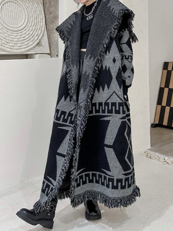 xakxx Long Sleeves Loose Contrast Color Tasseled Lapel Cardigan Coats