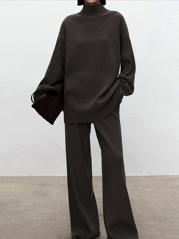 xakxx xakxx-Solid Color Long Sleeves High-Neck Sweater Top + Wide Leg Pants Bottom Two Pieces Set