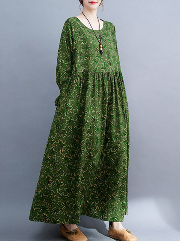 xakxx Artistic Retro Long Sleeves Loose Floral Printed Round-Neck Midi Dresses