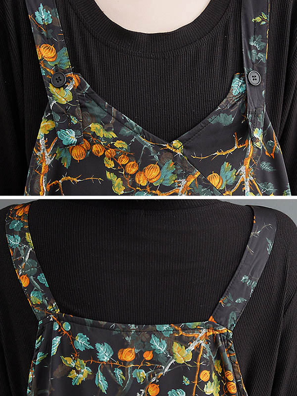 xakxx Loose Artistic Retro Ramie Cotton Floral Printed V-Neck Overalls