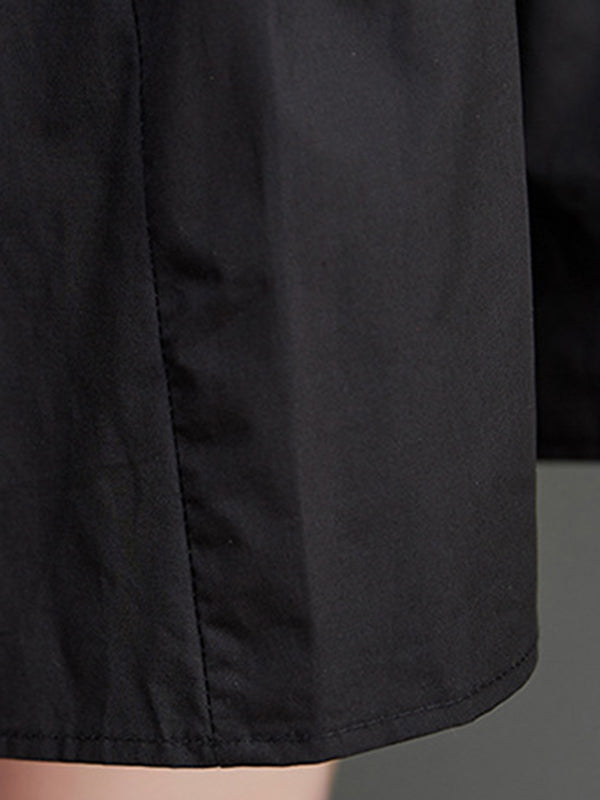 xakxx Loose Puff Sleeves Pleated Solid Color Split-Joint Round-neck Midi Dresses