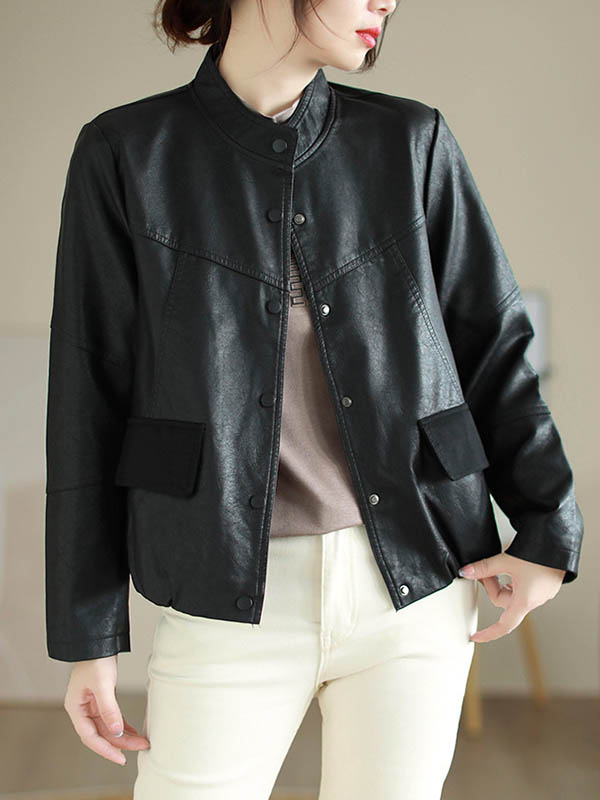 xakxx Long Sleeves Loose Buttoned Pleated Pockets Split-Joint Stand Collar Jackets Outerwear