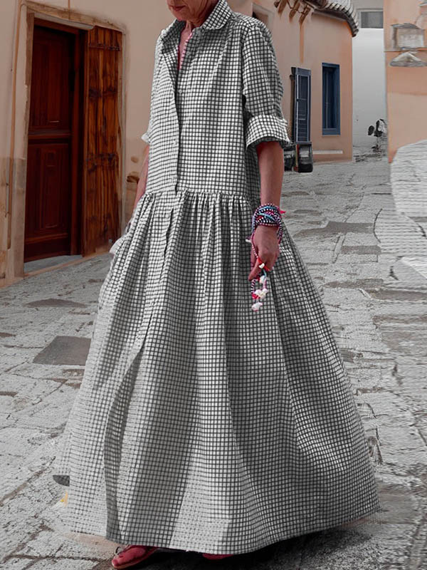 xakxx Long Sleeves Loose Buttoned Plaid Pleated Split-Joint Lapel Maxi Dresses