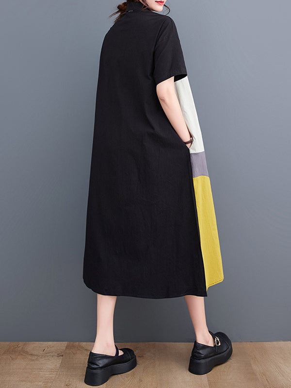 xakxx Loose Oversize Color-Block Contrast Color Split-Joint Lapel Midi Dresses Shirt Dress