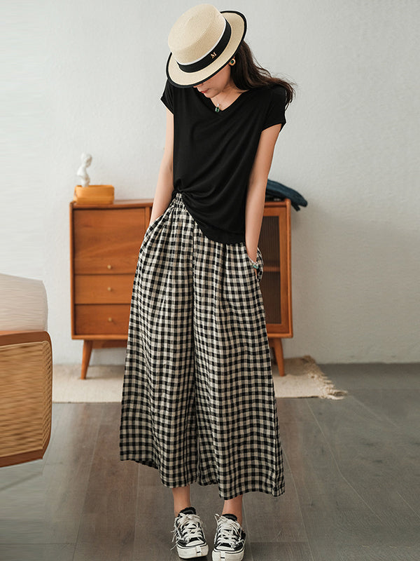 xakxx Artistic Retro Linen Loose Wide Legs Plaid Drawstring Pants