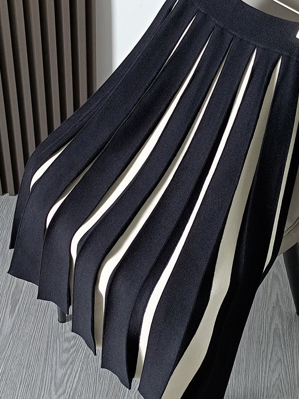 xakxx A-Line Loose Contrast Color Pleated Skirts Bottoms