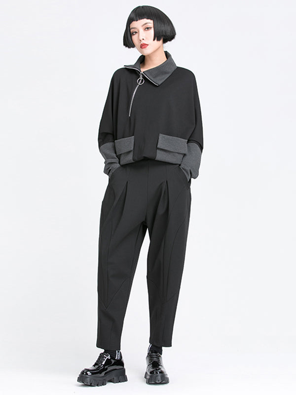 xakxx Simple Casual Split-Joint Pleats Black Harem Pants