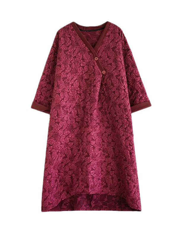 xakxx A-Line Half Sleeves Asymmetric Buttoned Jacquard V-Neck Midi Dresses