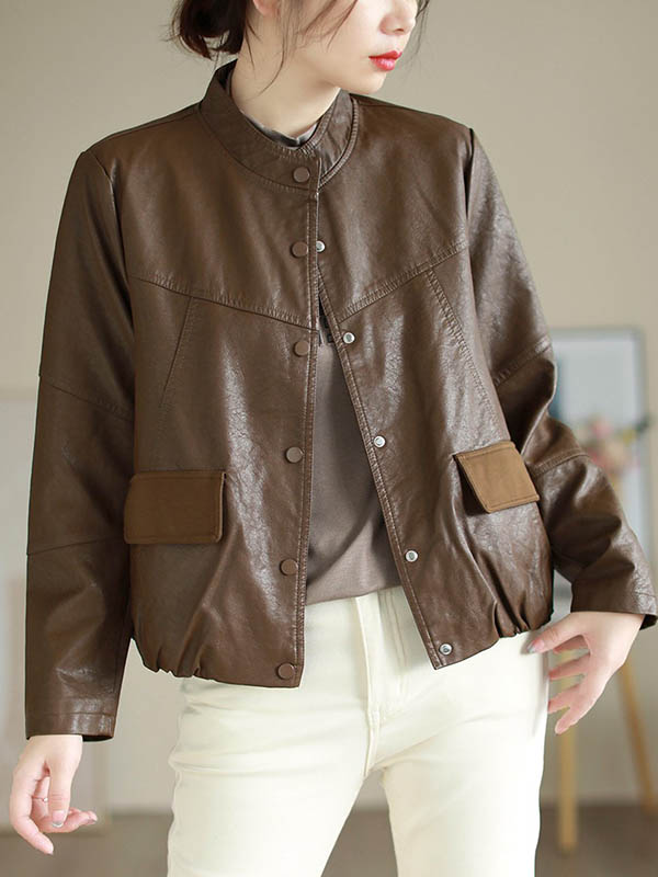 xakxx Long Sleeves Loose Buttoned Pleated Pockets Split-Joint Stand Collar Jackets Outerwear