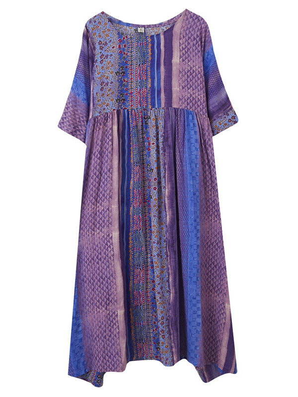 xakxx Vintage Side Pocket Striped Floral Printed Midi Dress