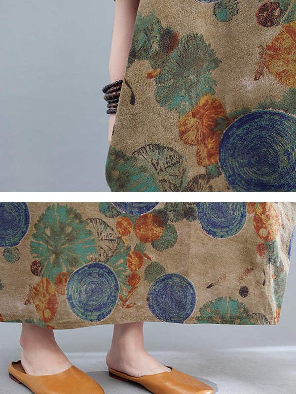 xakxx Casual Half Sleeves Loose Floral Printed Contrast Color Polka-Dot Round-Neck Midi Dresses