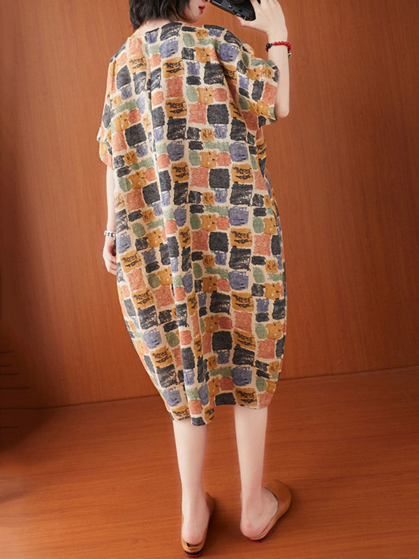 xakxx Artistic Retro Colorful Plaid Short Sleeve Dress