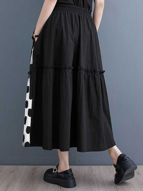 xakxx Loose Elasticity Pleated Pockets Polka Dot Printed Ruffled Split-Joint Skirts Bottoms