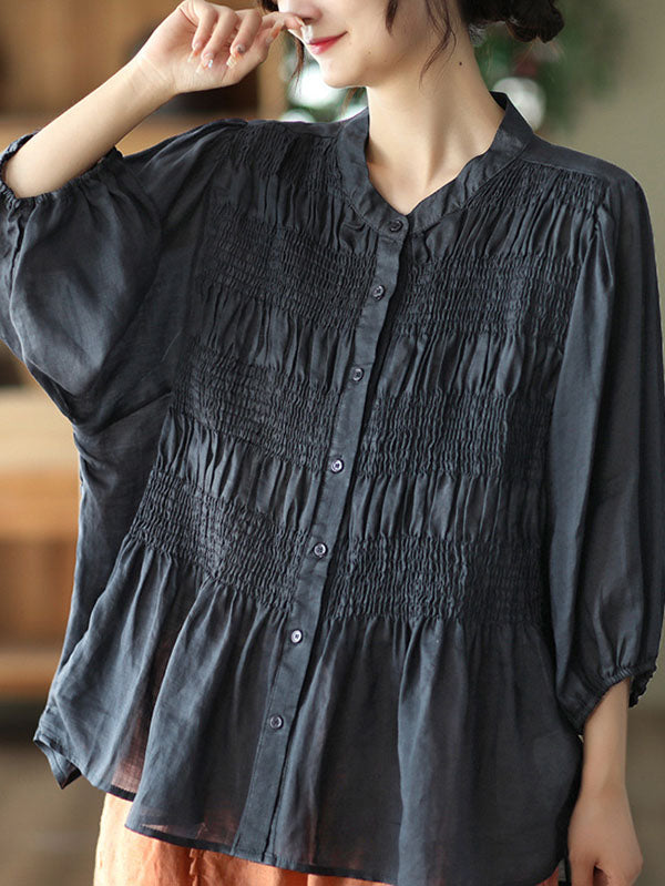 xakxx Loose Three-Quarter Sleeves Pleated Solid Color Split-Joint Stand Collar Blouses&Shirts Tops
